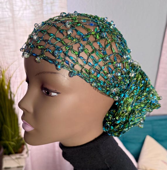 Beaded Silky Lace Head Wrap Handmade With Golden Sparkles