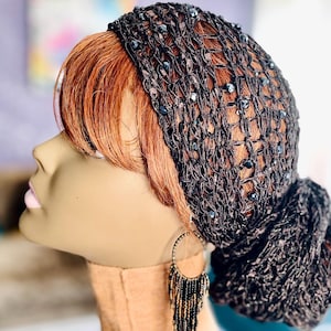 Beaded Sequin Head Wrap - Handmade with Shimmering Silky Lace (Black) “Starry Night”