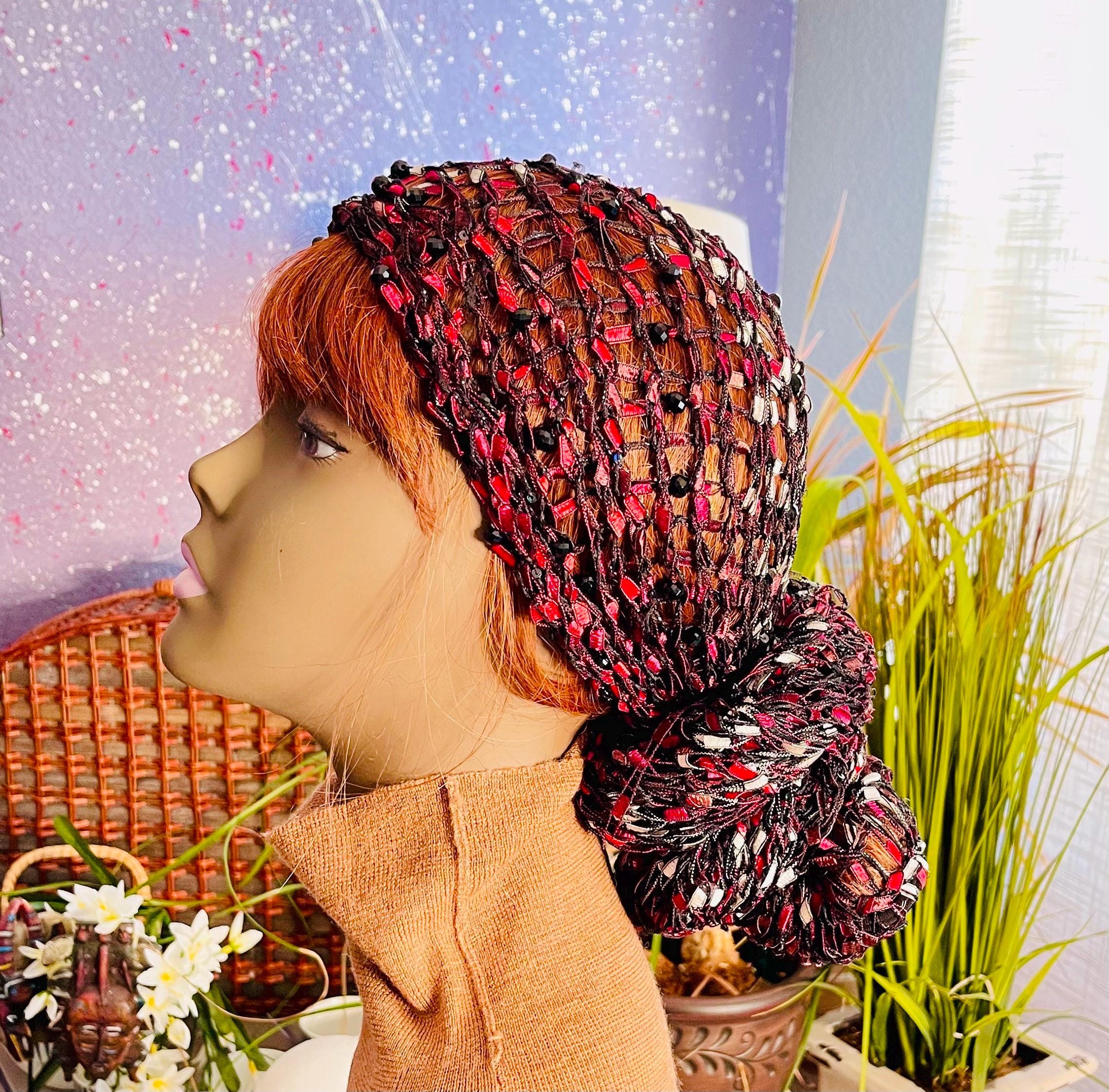 Elegant Red Headwrap with Beaded Accents Beaded Silky Lace Head Wrap: Handmade With Sequins (red  main image 4