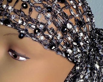 Beaded Sequin Head Wrap – Onyx Frost | Black & Silver Luxury Turban, Silky Lace, Silver Shimmer,