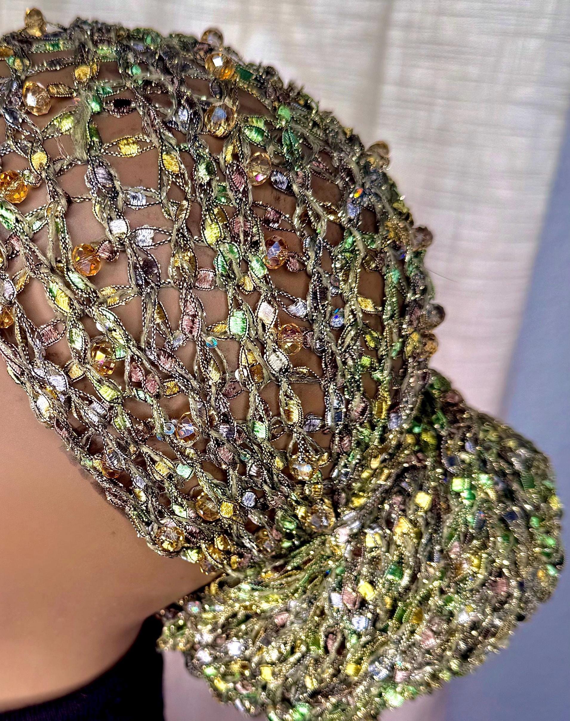 Beaded Sequin Head Wrap - Instant Vintage Olive & Gold Luxury Turban, Silky Lace, Golden Shimmer