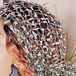 Beaded Sequin Head Wrap – Frostlight | Champagne & Olive Luxury Turban, Silky Lace, Olive Shimmer,