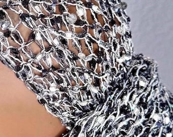 Beaded Sequin Head Wrap – Silver Radiance | Silver & Black Luxury Turban, Silky Lace, Metallic Shimmer