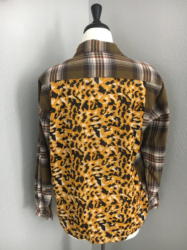 Women/'s Plaid Flannel Button Down Shirt Leopard Print Refashion sz XSS Handmade OOAK