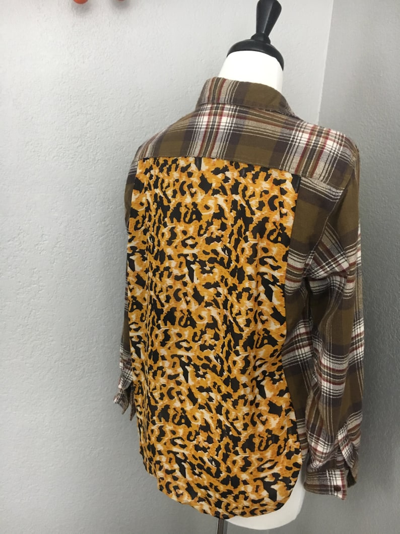 Women/'s Plaid Flannel Button Down Shirt Leopard Print Refashion sz XSS Handmade OOAK