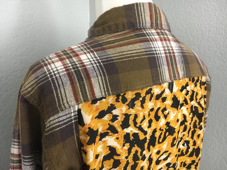 Women/'s Plaid Flannel Button Down Shirt Leopard Print Refashion sz XSS Handmade OOAK