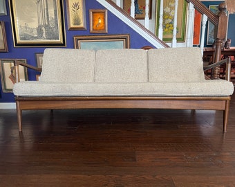 Mid Century Modern Danish Walnut sofa Couch cream boucle
