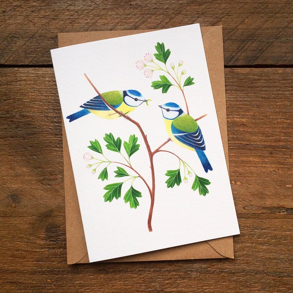 Blue Tits Greetings Card | Bird Art Notecard | British Wildlife Illustration