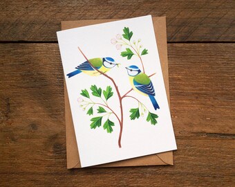 Blue Tits Greetings Card | Bird Art Notecard | British Wildlife Illustration