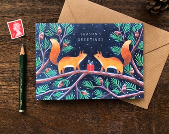 Red Squirrels Christmas Card | 'Season's Greetings' | Illustrated Holiday Card