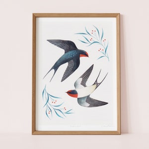 Swallows Art Print | Signed A4 Giclée Print of Original Painting | British Bird / Wildlife Illustration