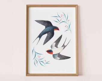Swallows Art Print | Signed A4 Giclée Print of Original Painting | British Bird / Wildlife Illustration