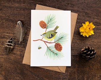 Goldcrest Greetings Card | British Wildlife Illustration | Bird Art Notecard
