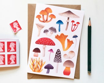 Mushrooms | Greetings Card | British Fungi Illustration | Botanical Art Notecard A6