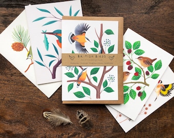Set of 5 Bird Greetings Cards | British Garden Birds | Wildlife Illustration | Nuthatches, Goldcrest, Kingfisher, Goldfinches, Wrens