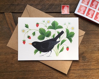 Blackbird + Strawberries Greetings Card | Bird Art Notecard | British Wildlife Illustration
