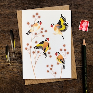 Biglietto di auguri con cardellini / Illustrazione della fauna selvatica britannica / Biglietto d'auguri con arte degli uccelli