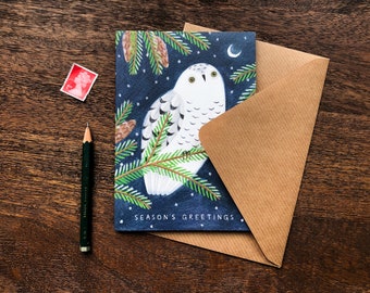 Snowy Owl Christmas Card | 'Season's Greetings' | Illustrated Holiday Card