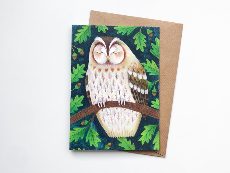Tawny Owl Greetings Card British Wildlife Illustration Bird Art Notecard image 1