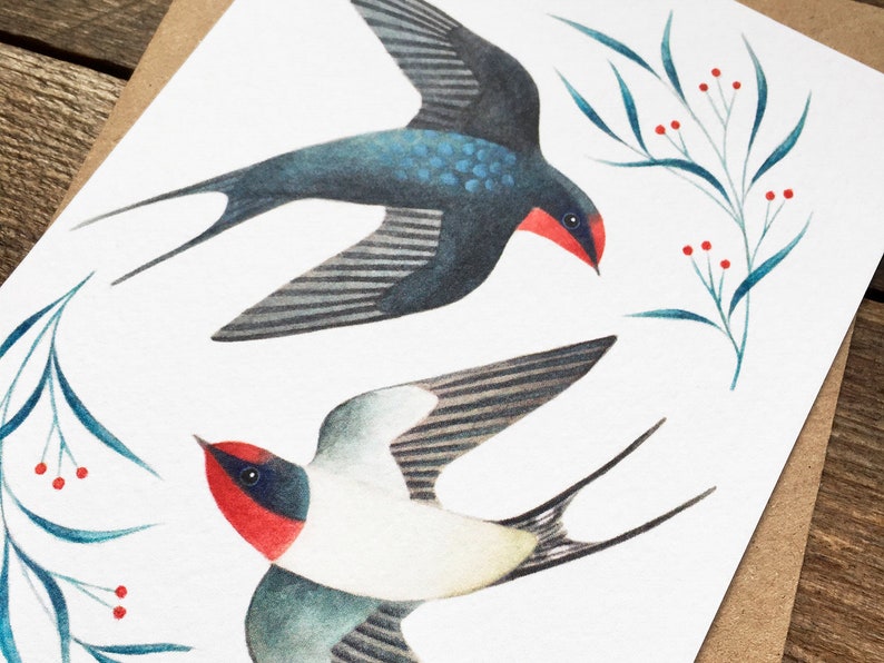 Swallows Greetings Card Bird Art Notecard Valentine's Day, Anniversary, Wedding image 2