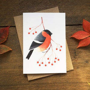 Cartão de Saudações Bullfinch | Ilustração Britânica da Vida Selvagem | Cartão de Notas de Arte de Pássaros