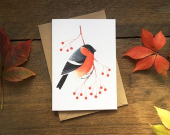 Bullfinch Greetings Card | British Wildlife Illustration | Bird Art Notecard