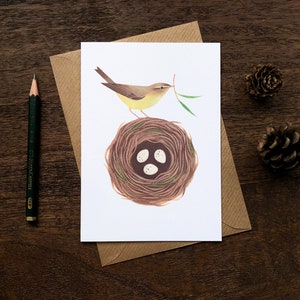 Cartão de cumprimentos do ninho de Chiffchaff de <br> Entrega Rápida? Notecard da arte do pássaro, dia das mães/pai Cartão Comemorativo | Ilustração da vida selvagem britânica
