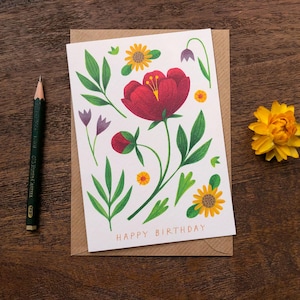 Cartão de aniversário floral de peônia | Cartão de felicitações de 'Feliz aniversário' | Ilustração botânica, Arte floral