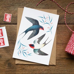 Wenskaart zwaluwen | Notitiekaart Vogelkunst | Valentijnsdag, jubileum, bruiloft