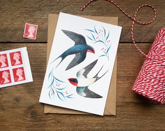 Swallows Greetings Card | Bird Art Notecard | Valentine's Day, Anniversary, Wedding