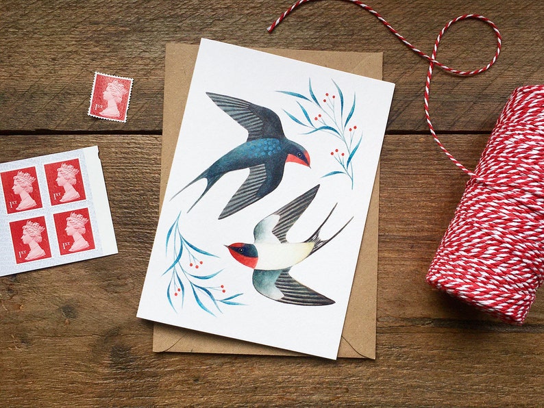 Swallows Greetings Card Bird Art Notecard Valentine's Day, Anniversary, Wedding image 1