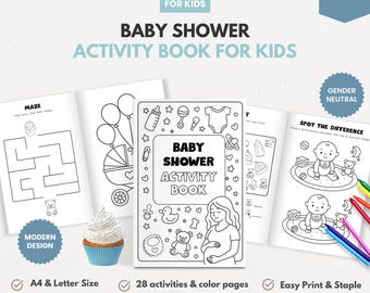 May include: A baby shower activity book for kids with the text "Baby Shower Activity Book" on the cover. The book includes a maze, spot the difference, and other activities. The book is A4 & Letter Size, with 28 activities & color pages. The design is modern and gender neutral.