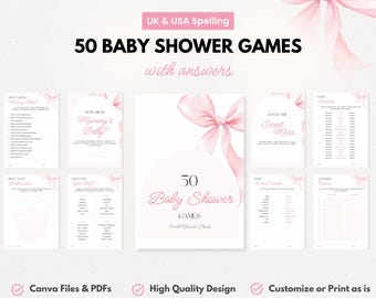 Pink Bow Baby Shower Game Bundle, Minimalist Baby Shower Games, Modern Baby Shower Games Pack, Baby Shower Trivia, Editable Download Canva