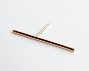 Thin line - gold bar earring - asymmetric yellow gold bar stud earring