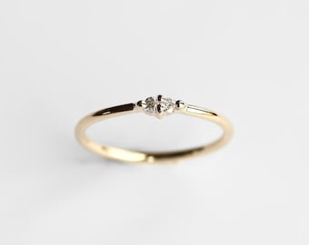 Paired white diamond ring - natural double white diamond gold ring - minimalist engagement ring