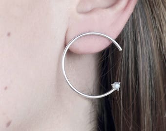 Circle Moonstone silver earring - grey moonstone sterling silver circle stud earring