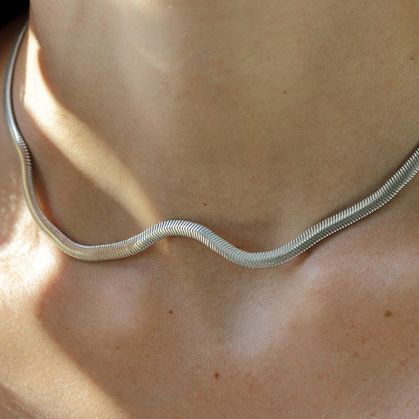 BOLD - Curve silver necklace - handmade sterling silver flat herringbone snake chain necklace