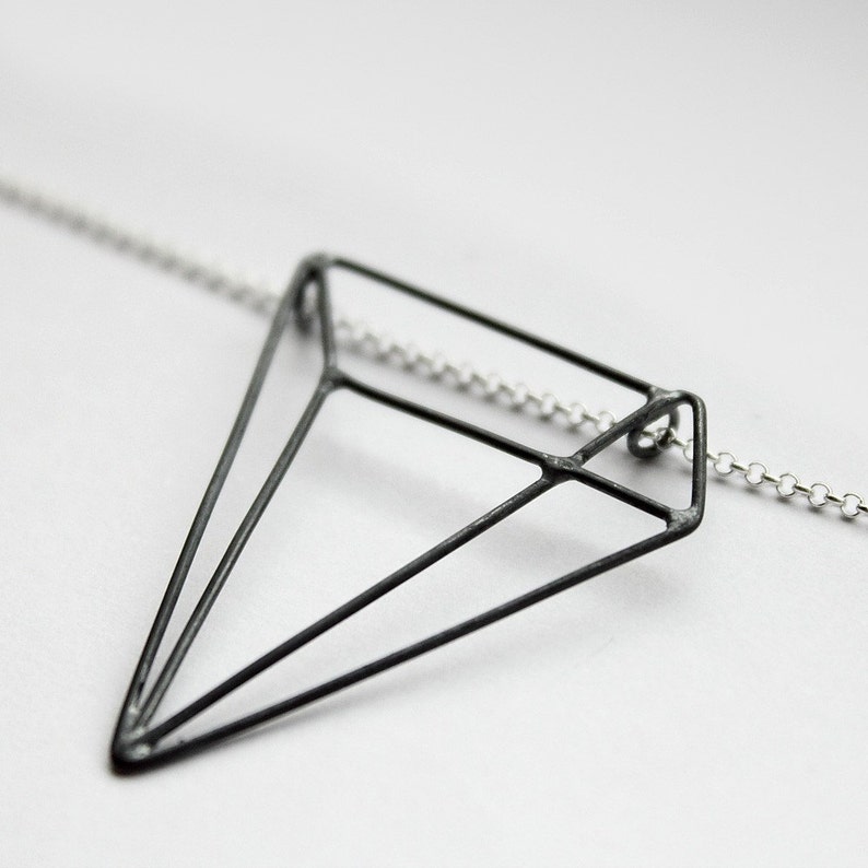 Pyramid Illusion  silver necklace with oxidized pendant  image 3