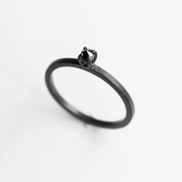 Diamond Thorn - black diamond oxidized silver ring - natural black diamond oxidized sterling silver ring - minimalist engagement ring