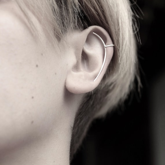 Circle & Long Line - Silver Ear Cuff - Sterling Silver