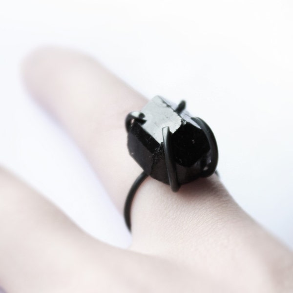 Black hole . oxidized sterling silver black tourmaline ring