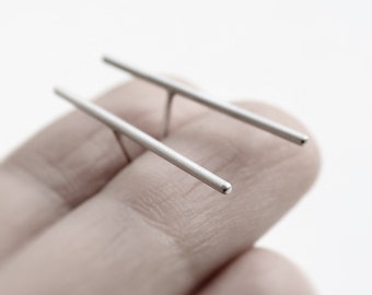 Thin line - silver bar earrings - asymmetric sterling silver long bar stud earrings - minimalist studs