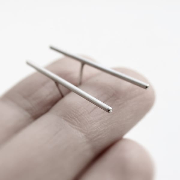 Thin line - silver bar earrings - asymmetric sterling silver long bar stud earrings - minimalist studs