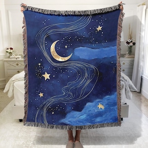 Celestial Woven Blanket, Night Sky Stars Throw Blanket for