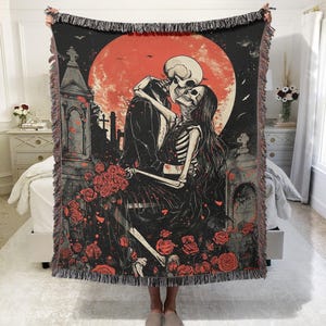 Skeleton Lovers Personalized Blanket, Gothic Wedding Custom Blanket Woven, Tapestry Spooky Wedding, Personalized Anniversary Gift for Goths