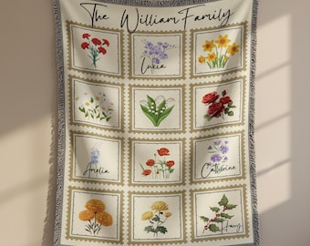 Manta personalizada para jardín familiar: manta personalizada con la flor de nacimiento, idea de regalo para la abuela, manta tejida, patchwork floral, recuerdo familiar.