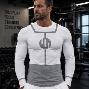 May include: A white long-sleeve shirt featuring a gray geometric chest graphic, a circular logo in the center, and a wide gray horizontal band across the lower torso. The shirt has gray accents on the shoulders and cuffs.