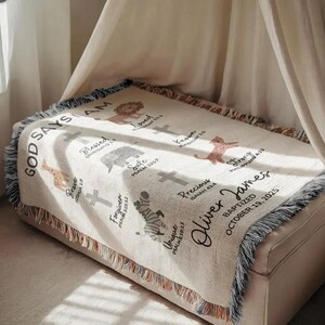 May include: Cream-colored woven blanket with fringed edges. The blanket features the text "GOD SAYS I AM" and various words like "Blessed", "Loved", and "Precious", along with animal illustrations and the name "Oliver James" and the date "October 19, 2025".