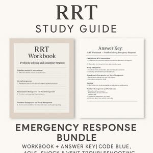 Könnte beinhalten: Ein RRT-Studienleitfaden-Bundle mit einem Arbeitsbuch und einem Antwortschlüssel. Das Arbeitsbuch trägt den Titel "RRT Workbook" und der Antwortschlüssel trägt den Titel "Answer Key". Das Bundle umfasst Informationen zu Notfallmaßnahmen, Code Blue, ACLS, Schock und Fehlersuche bei Beatmungsgeräten.