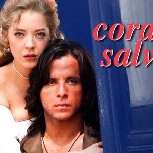 May include: A promotional image for the television show "Corazón Salvaje" featuring two people. The title is in red script. The background is a dark blue with a door frame. The image has an HD logo.